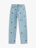 Denim Embroidery Mid Rise Slim Straight Leg Jeans  Women