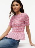 Multi Smock Stripe Ruffle Boat Neck Top  Women