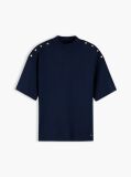 Blue Gold-Tone Button Mock Neck T-Shirt  Women