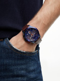 Blue Blue Dial Brown Leather Strap Chronograph Watch  Men