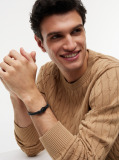 Black Ionic-Plated Nautical Charm Black Leather Bracelet  Men
