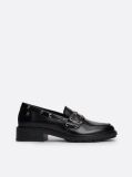 Black Eyelet Detail Block Heel Leather Loafers  Women