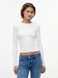 White Ribbed Ruffle Slim Long Sleeve T-Shirt  Women