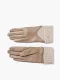 Beige Leather Wool Trim Gloves  Women