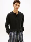 Black Waffle Knit Long Sleeve Henley Top  Men