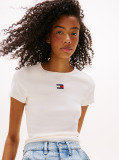 Άσπρο Κοντομάνικο T-Shirt Ριμπ Σε Slim Γραμμή  Γυναίκες