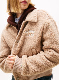 Beige Varsity Teddy Back Logo Bomber Jacket  Women