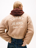 Beige Varsity Teddy Back Logo Bomber Jacket  Women