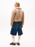 Beige Varsity Teddy Back Logo Bomber Jacket  Women