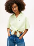 Green Relaxed Fit Linen Blend Tie Front Shirt  Women