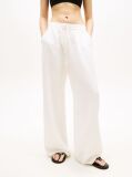 White Loose Linen Blend Drawstring Trousers  Women