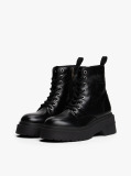 Black Shiny Leather Chunky Cleat Mid Boots  Women