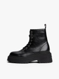 Black Shiny Leather Chunky Cleat Mid Boots  Women