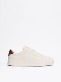 Beige Leather Textured Court Trainers  Men