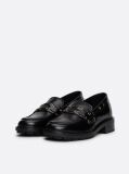Black Eyelet Detail Block Heel Leather Loafers  Women