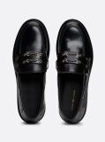 Black Eyelet Detail Block Heel Leather Loafers  Women