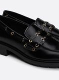 Black Eyelet Detail Block Heel Leather Loafers  Women