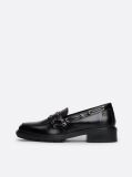 Black Eyelet Detail Block Heel Leather Loafers  Women