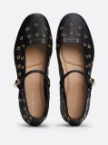 Black Leather Eyelet Detail Mary Jane Ballerinas  Women