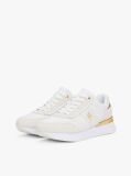 Beige Leather Textured Panel Metallic Trainers  Women