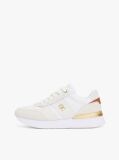 Beige Leather Textured Panel Metallic Trainers  Women