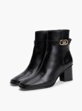 Black Leather Buckle Strap Block Heel Ankle Boots  Women