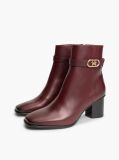 Red Leather Buckle Strap Block Heel Ankle Boots  Women