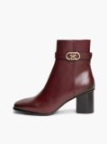 Red Leather Buckle Strap Block Heel Ankle Boots  Women