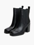 Black Leather Square Toe Block Heel Chelsea Boots  Women
