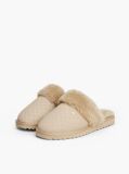 Beige Leather Faux Fur Serrated Slippers  Women
