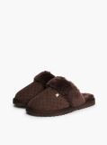 Brown Leather Faux Fur Serrated Slippers  Women
