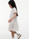 Beige Floral Embroidery Relaxed Fit And Flare Dress  Girls