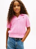 Pink Crochet Open Placket Polo Top  Girls
