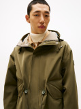 Green Windproof Logo Patch Hooded Parka  Men