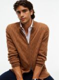 Brown Lambswool Zip-Thru Cable Knit Jumper  Men