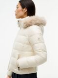 Beige Shiny Down Faux Fur Hooded Fitted Jacket  Women