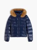Blue Shiny Down Faux Fur Hooded Fitted Jacket  Women