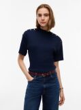 Blue Gold-Tone Button Mock Neck T-Shirt  Women