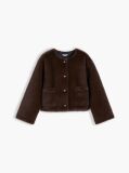 Brown Collarless Faux Fur Jacket  Women