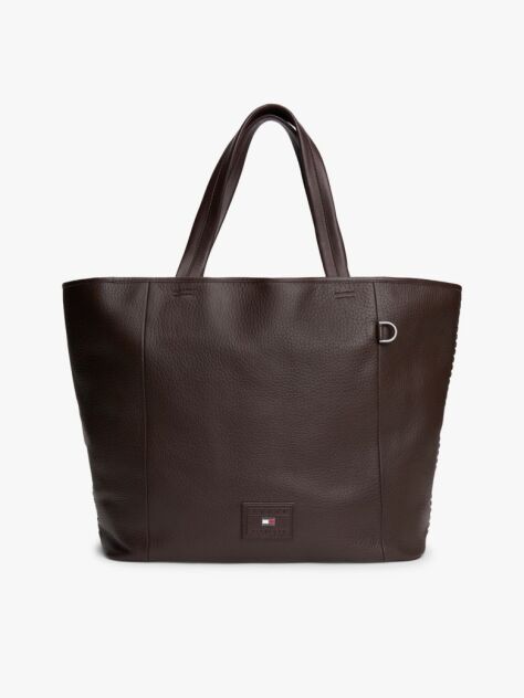 Brown Logo Patch Leather Tote Bag  Men