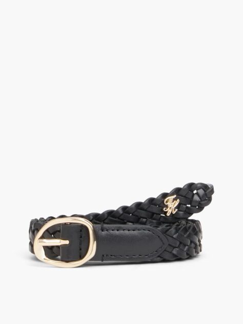 Black Sculpted Buckle Braided Leather Belt  Women