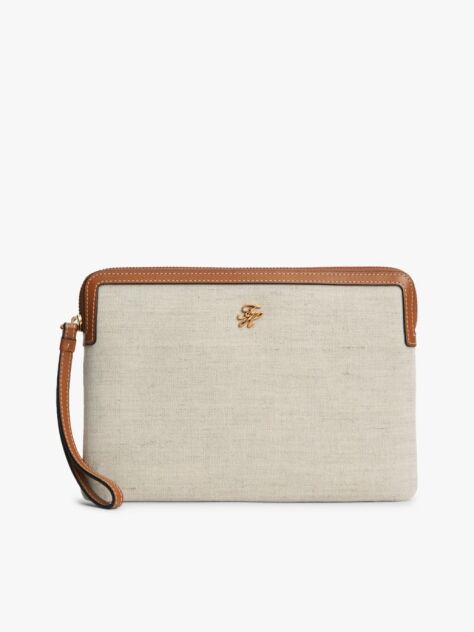 Brown Logo Leather Trim Canvas Pouch  Women