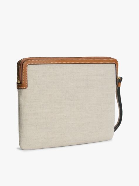 Brown Logo Leather Trim Canvas Pouch  Women