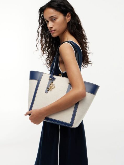 Blue Logo Charm Linen Blend Canvas Tote Bag  Women