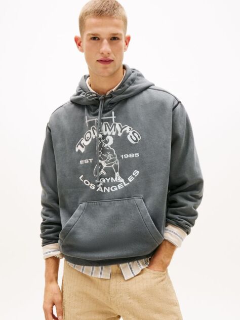 Black Gym Logo Embroidery Washed Relaxed Hoody  Men