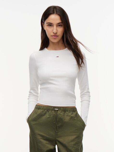 Μπεζ Μακρυμάνικο Ριμπ T-Shirt Σε Slim Γραμμή  Γυναίκες