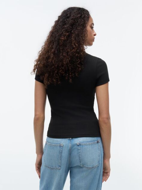 Μαύρο Κοντομάνικο T-Shirt Ριμπ Σε Slim Γραμμή  Γυναίκες