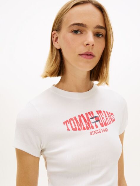 Άσπρο T-Shirt Ribbed Σε Στενή Γραμμή Με Σημαία  Γυναίκες