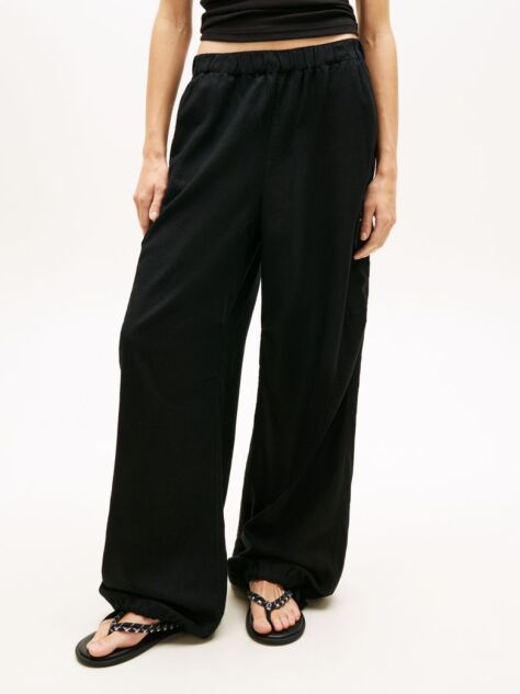 Black Linen Blend Wide Leg Cargo Trousers  Women