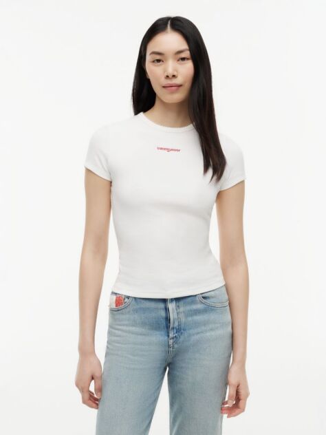 White Logo Ribbed Slim T-Shirt  Women